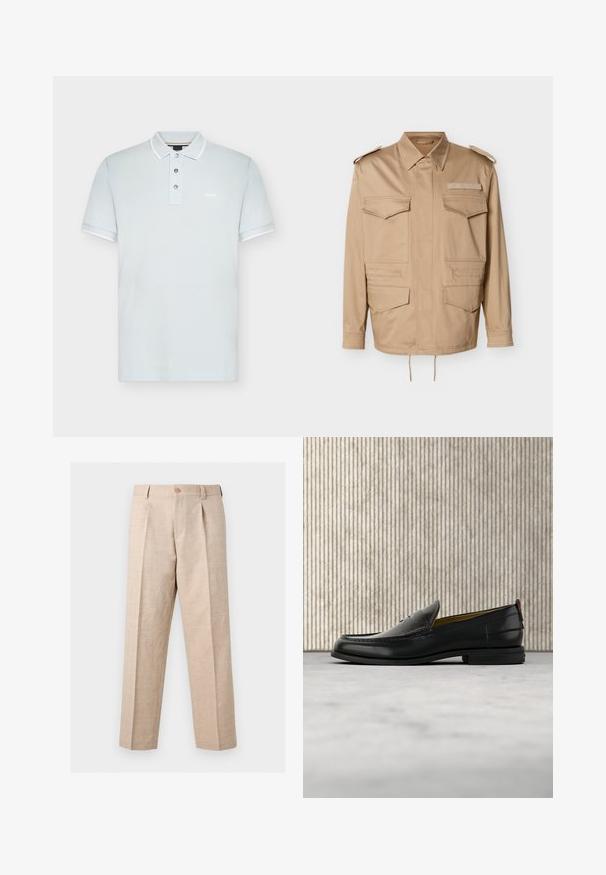 Veste utilitaire beige avec deux poches poitrine et deux poches basses. Caractérisée par un col à revers et des épaulettes à boutons. Ourlet avec cordon de serrage réglable.; Polo gris clair avec trois boutons, col blanc et bords de manches blancs, et petit logo BOSS sur la poitrine gauche.; Pantalon beige à jambes droites avec plis, fermeture par bouton, passants pour ceinture et coupe ajustée.; Mocassin pour homme en cuir noir avec un dessus embossé effet croco et un petit talon, présenté de profil sur un fond neutre.