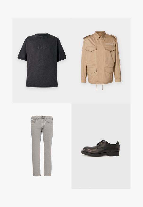 Beige Utility-Jacke mit zwei Brusttaschen und zwei unteren Taschen. Verfügt über einen Hemdkragen und Knopf-Schulterklappen. Verstellbarer Saum mit Kordelzug.; Schwarzes T-Shirt mit kurzen Ärmeln aus Baumwolle und rundem Ausschnitt. Mit eingeprägt "HUGO"-Logo auf der Vorderseite. Glatte Textur mit Nähten.; Hellgraue Jeans mit geradem Bein, vorne Knopf, Reißverschluss, Gürtelschlaufen sowie vorderen und hinteren Taschen auf weißem Hintergrund.; Schwarzer Lederschuh mit rundlicher Spitze, minimalen Nähten und niedrigem Gummisohle, mit schwarzen Schnürsenkeln befestigt.