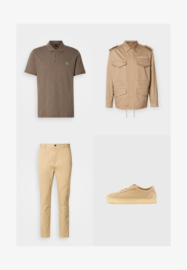 Chaqueta utilitaria beige con dos bolsillos en el pecho y dos bolsillos inferiores. Cuenta con cuello con solapa y hombreras con botones. Bajo ajustable con cordón.; Camisa polo marrón hecha de tela texturizada, con un cuello de dos botones y un discreto parche del logo en el lado izquierdo del pecho. Incluye mangas cortas.; Chinos beige de algodón con una textura suave. Incluyen un cierre de botón, pasadores para cinturón y se estrechan hacia el tobillo.; Zapatilla baja de ante beige con suela gruesa de goma, cierre delantero de cordones y sutil marca lateral sobre un fondo gris claro liso.