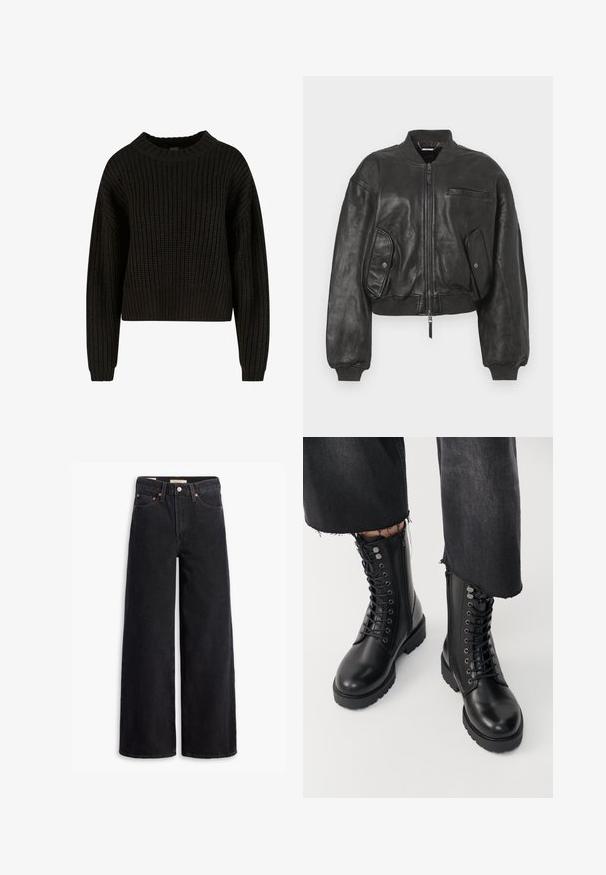 Sort læder bomberjakke med lynlås foran, ribbede manchetter og to sidelommer. Har en lille brystlomme og en cropped design.; Sort strikket trøje med ribbet tekstur, rund halsudskæring og lange ærmer. Afkortet design med en løs pasform. Ingen synlige mønstre eller metaldele.; Sorte brede benjeans lavet af denim, med fem lommer, kobbernitter og en klassisk knaplukning. Glat tekstur med et rent design.; Sorte ankelstøvler med en glat læderfinish, snørebånd foran og lynlås i siden. Tykke såler og detaljerede øjer tilføjer tekstur.
