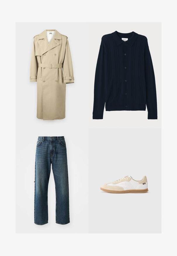 Beige dubbelgeknoopte trenchcoat met brede revers, tailleceintuur, schouderepauletten en verstelbare polsbandjes, plat hangend tegen een witte achtergrond.; NN.07 THOR - Overhemd - dark blue; NN.07 OTIS - Straight leg jeans - stonewashed; Witte sneaker met lichtbeige suède accenten, geperforeerde details, platte veters en een zool van gumrubber. Voorzien van gestreepte branding op de hiel.
