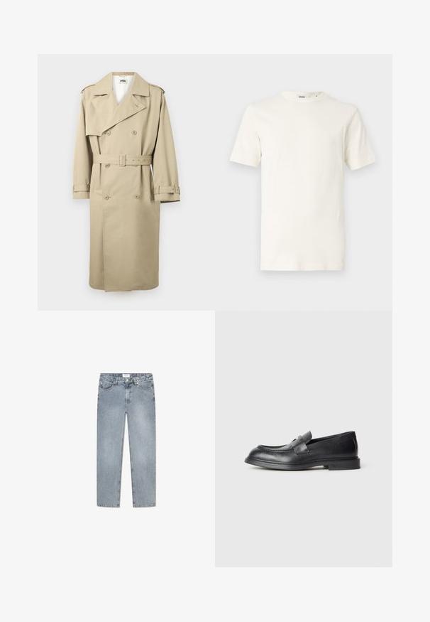Beige dobbeltbrystet trenchcoat med brede revers, taljet med bælte, skulderepåletter og justerbare håndledsremme, hængende fladt mod hvid baggrund.; Lysebeige bomuld t-shirt med korte ærmer og rund halsudskæring. Har en glat tekstur og et enkelt design uden mønstre eller accenter.; Lyseblå denimjeans med lige pasform, fem-pocket design, knaplukning, subtilt slid og syet detaljer langs lommerne.; Sorte læder loafers med en struktureret finish, der har en dekorativ frontrem og en rundet tå. Gummisål for holdbarhed.