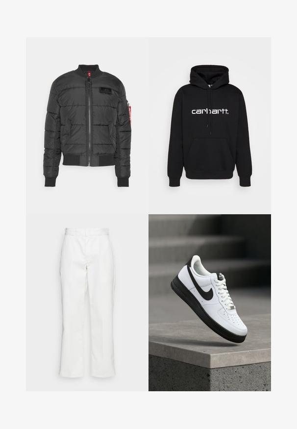Veste bomber noire rembourrée, avec fermeture éclair à l'avant, poignets et ourlet côtelés, et un patch logo sur la poitrine. Tissu lisse avec une texture matelassée.; Hoodie noir en tissu mélangé coton avec une poche kangourou, capuche ajustable avec cordon, et logo "Carhartt." blanc à l'avant.; Pantalons en coton blanc avec une coupe droite, passants de ceinture et poches latérales, possédant une texture lisse et un design minimaliste.; Baskets en cuir blanc avec accents noirs, bout arrondi et détails perforés. Semelle en caoutchouc noire avec motif texturé et fermeture à lacets.