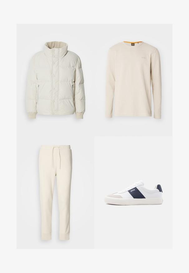 Chaqueta acolchada de un beige claro con un alto cuello, cierres a presión al frente, bolsillos con cremallera en los laterales y puños acanalados. Forro suave visible en el cuello.; Camiseta de manga larga color beige claro hecha de una tela texturizada. Presenta un cuello redondo y un pequeño logo en el pecho con un acento naranja en el interior del cuello.; Pantalones de chándal ajustados en color blanco roto con cintura elástica, cordones ajustables y tobillos con puños sobre un fondo blanco liso.; Zapatilla blanca de corte bajo con raya lateral azul marino, logo "BOSS", puntera beige y suela blanca, mostrada de perfil sobre un fondo claro.
