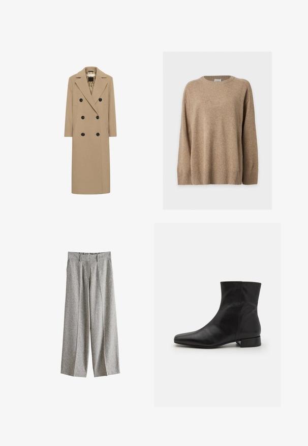 Beige Wollmischung Doppelreiher mit Reverskragen, schwarzen Knöpfen und Seitentaschen. Gerader Schnitt und mittellanges Design. Gefüttertes Innenfutter.; Beiger langärmeliger Strickpullover mit gerippten Bündchen, Saum und Rundhalsausschnitt, flach auf weißem Hintergrund liegend dargestellt.; Graue Hosen mit weitem Bein, vorderen Falten, Gürtelschlaufen, Seitentaschen und hoher Taille, auf weißem Hintergrund dargestellt.; Schwarze Lederknöchelstiefel mit spitz zulaufender Zehe, glatter Textur, minimalistischem Design und niedrigem Blockabsatz. Der seitliche Reißverschluss reicht bis zum Knöchel.