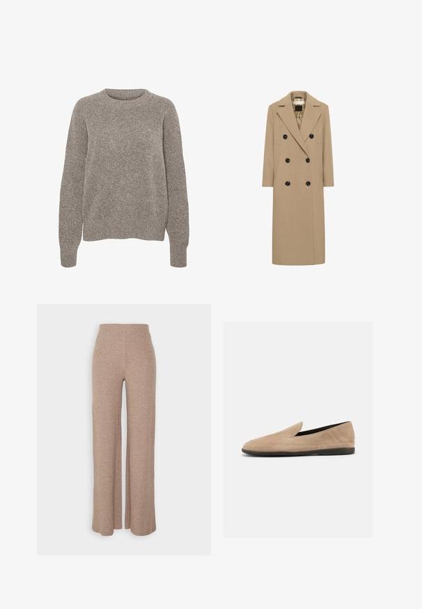Manteau double boutonnage en mélange de laine beige avec des revers en pointe, boutons noirs et poches latérales. Coupe droite et design mi-long. Intérieur doublé.; Pull en maille gris clair avec un col rond, des manches longues et une finition texturée subtile. Aucun motif ou accent visible.; Pantalons larges en beige à côtes avec une taille haute et une texture douce, présentant une coupe loose et sans fermetures visibles.; Mocassin beige en daim à enfiler avec semelle noire, petit talon et bout arrondi, présenté de profil sur fond blanc.