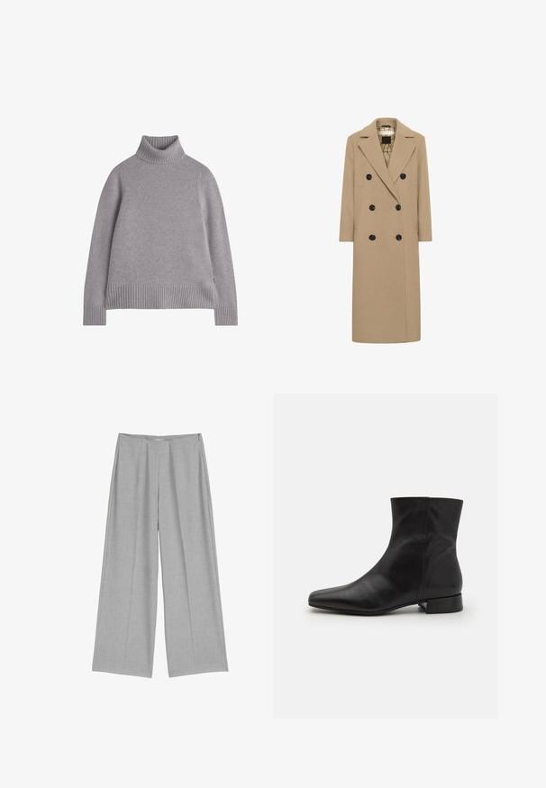 Manteau double boutonnage en mélange de laine beige avec des revers en pointe, boutons noirs et poches latérales. Coupe droite et design mi-long. Intérieur doublé.; Pull en col roulé gris avec col et poignets côtelés, fabriqué à partir d'un matériau tricoté doux. Présente des coutures d'épaule tombantes et une coupe décontractée.; Pantalons larges gris clair avec un devant plissé, présentant une texture douce et une fermeture éclair discrète sur le côté.; Botte cheville en cuir noir avec un bout pointu, texture lisse, design minimaliste et un petit talon carré. La fermeture éclair sur le côté monte jusqu'à la cheville.