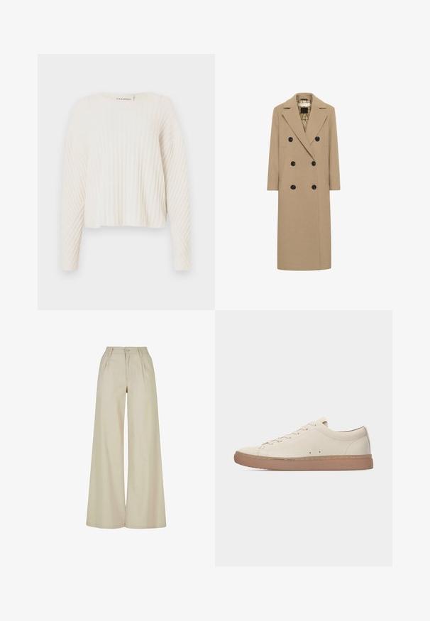 Manteau double boutonnage en mélange de laine beige avec des revers en pointe, boutons noirs et poches latérales. Coupe droite et design mi-long. Intérieur doublé.; CLOSED CREW NECK - Pullover - ecru; Pantalon beige à jambes larges, taille haute, plis sur le devant, passants pour ceinture et fermeture par bouton.; Baskets basses en cuir beige avec semelle en caoutchouc marron, fermeture à lacets sur le devant, et détails de coutures minimaux, présentées de profil sur fond blanc.