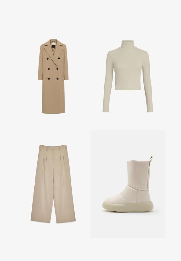 Beige uldblanding dobbeltbrystet frakke med notch revers, sorte knapper og sidelommer. Lige snit og mellemlang design. Foret indeni.; Lys beige ribbet turtleneck langærmet top med et tætsiddende design og høj hals. Har en subtil logo-tag i kanten. Glat tekstur.; Beige viddebukser med frontfolder, sidelommer, bælteløkker og en skjult lukning foran.; Beige ankelstøvle med en glat læderoverflade, rund tå og en tykk, lys sål. Har en strop bagpå.