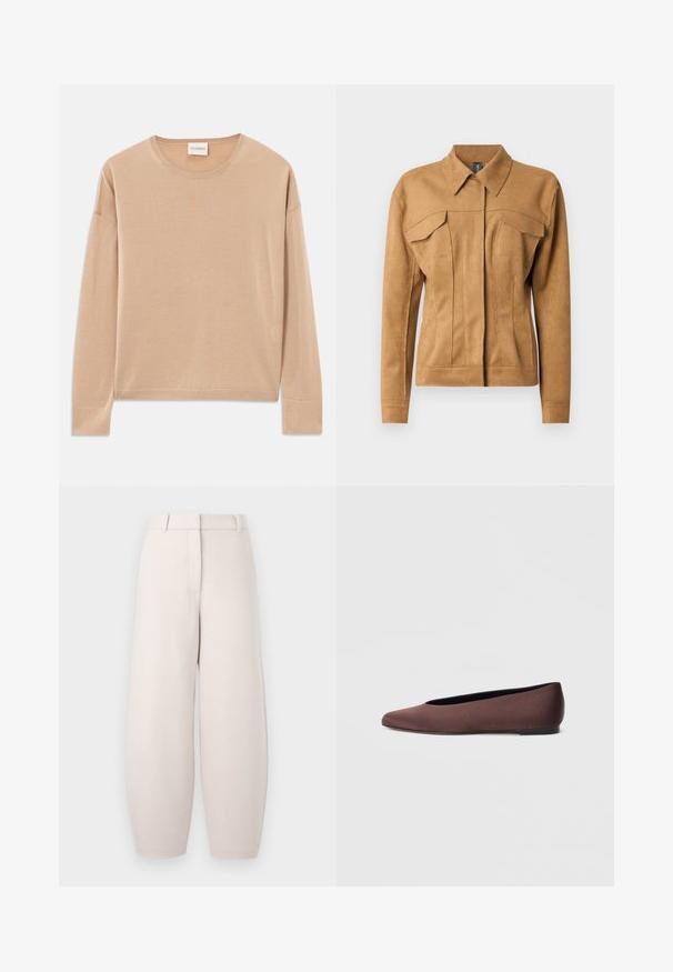 Veste en suédine marron avec col, deux poches poitrine et coutures décoratives. Comprend des manches longues et une silhouette ajustée.; Pull à manches longues beige avec un col rond, coupe décontractée et finitions côtelées aux poignets et à l'ourlet. Texture douce et lisse avec un design minimal.; Pantalon beige doux à coupe ample et jambe large. Il présente un devant plat, des passants pour ceinture et aucun élément métallique visible. Texture lisse.; Ballerines en tissu marron avec un bout pointu et une texture lisse, dotées d'un talon bas et d'une fine semelle noire. Aucune motif ni élément métallique visible.