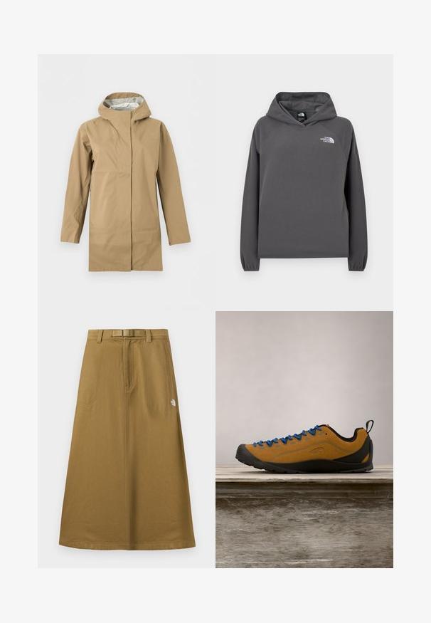 Beige lang regnfrakke med hætte, forlynlås dækket af en klap og lange ærmer, vist mod en hvid baggrund.; Grå hættetrøje i fleece med en afslappet pasform, ribbede ærmegab og en lille hvid logo på venstre bryst. Blød tekstur og enkelt design.; Lang, lysebrun udendørsskjørt med forlommer, integreret bælte og The North Face-logo på højre side.; Brun ruskind udendørs sko med blå snørebånd, sort gummisål og et strømlinet design. Har en bageste pull-tab for nem påtagning.