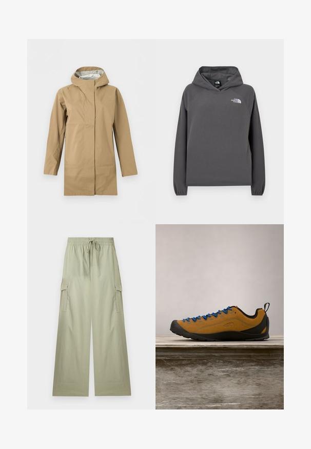 Imperméable long beige avec capuche, fermeture éclair frontale recouverte d'un rabat, et manches longues, présenté sur un fond blanc.; Sweat à capuche gris en polaire avec une coupe décontractée, des poignets côtelés et un petit logo blanc sur la poitrine gauche. Texture douce et design simple.; Pantalon cargo vert clair à jambes larges avec taille élastique et cordon de serrage, doté de poches latérales à rabat et d'une coupe décontractée.; Chaussure d'extérieur en suède marron avec des lacets bleus, semelle en caoutchouc noir et un design épuré. Équipée d'une languette à l'arrière pour un enfilage facile.