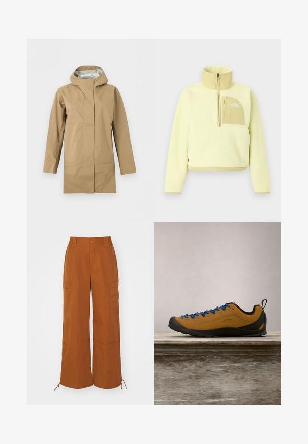 Imperméable long beige avec capuche, fermeture éclair frontale recouverte d'un rabat, et manches longues, présenté sur un fond blanc.; Pull polaire jaune clair avec demi-fermeture éclair, col montant et poche poitrine beige avec le logo The North Face.; Pantalons cargo marron à coupe décontractée, dotés de plusieurs poches et d'ourlets ajustables. Fabriqués dans un tissu durable et lisse.; Chaussure d'extérieur en suède marron avec des lacets bleus, semelle en caoutchouc noir et un design épuré. Équipée d'une languette à l'arrière pour un enfilage facile.
