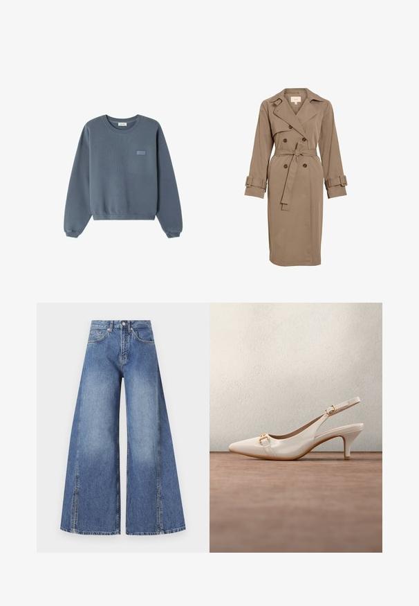 Beiger Trenchcoat mit doppelreihigem Design, tailliertem Gürtel und strukturierter Kragen. Ausgestattet mit geknöpften Manschetten und einem glatten, strukturierten Stoff.; Blauer Baumwollpullover mit rundem Halsausschnitt, gerippten Bündchen und Saum. Auf der Vorderseite befindet sich ein kleines "American Vintage"-Logo in einer helleren Farbtönung.; Helle blaue Jeans mit weitem Bein. Hergestellt aus strukturiertem Baumwollstoff, mit hoher Taille, frontalen Taschen und ausgeprägten Seitennähten.; Weißer Slingback-Pumps aus Leder mit spitz zulaufender Zehenpartie, kleinem Absatz und goldfarbenen Akzenten an den Riemen, auf einer glatten grauen Oberfläche platziert.