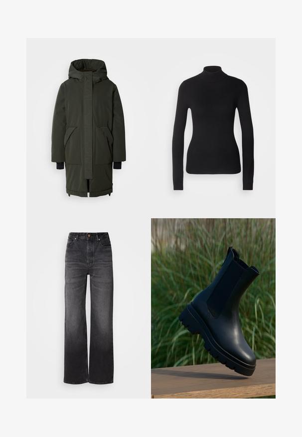 Mos Mosh BORA COAT - Wintermantel - rosin; Schwarzer Rollkragenpullover aus leichtem Strickgewebe. Mit langen Ärmeln, taillierter Passform und weichem Ripptextil.; Schwarze, ausgestellte Denim-Jeans mit hoher Taille, fünf Taschen, Knopfverschluss und dezentem, verblasstem Muster. Dickes Material mit strukturierter Passform.; Schwarze Leder-Stiefeletten mit schlankem Design, abgerundeter Spitze, elastischen Seitenpaneelen und klobigen, strukturierten Gummisohlen.