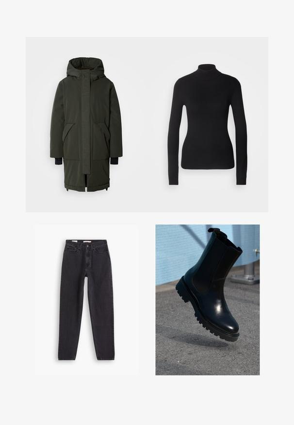 Mos Mosh BORA COAT - Vinterfrakke - rosin; Sort turtleneck sweater lavet af let strikket stof. Har lange ærmer, et tætsiddende design og en blød ribbet tekstur.; Sorte denim jeans med lige ben-design, der har fem lommer, lukning med knap foran og syninger langs sømmene.; Sort ankelstøvle i læder med elastiske sidepaneler, rund tå og en tyk, tekstureret sål. Glat finish med et minimalistisk design.