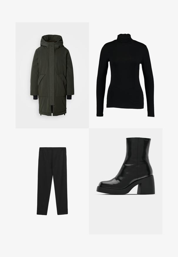Mos Mosh BORA COAT - Wintermantel - rosin; Schwarzes Langarm-Turtleneck-Top aus glattem Stoff, mit taillierter Passform und hohem Kragen, geeignet zum Layering oder als eigenständiges Kleidungsstück.; Schwarze, dehnbare Sporthosen mit glatter Textur, elastischem Bund und geradem Schnitt, geeignet für Sportbekleidung oder lässige Nutzung.; Schwarze Stiefeletten mit glänzender Oberfläche, quadratischer Zehenpartie und dicker Blockabsatz. Das Design zeichnet sich durch eine nahtlose Silhouette und minimalistische Markenkennzeichnung aus.