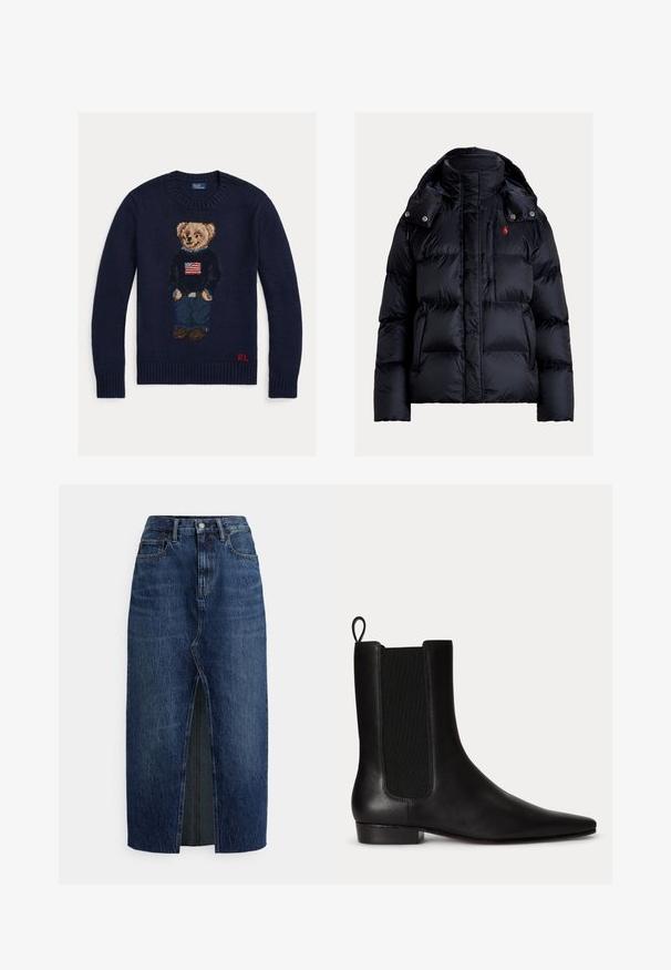 Sort puffert jakke med høj krave, aftagelig hætte, lynlås brystlomme foran, to sidelommer og rødt broderet logo på brystet.; Marineblå strikket sweater med bamse iført jeans og sort sweater med amerikansk flag, røde "RL" initialer på nederste kant.; Mørkeblå denim midinederdel med frontslids, bæltestropper, knaplukning og frontlommer, vist på en hvid baggrund.; Sort læderankelstøvle med elastisk sidel panel, trækstrop bagpå, lav hæl og spids tå.