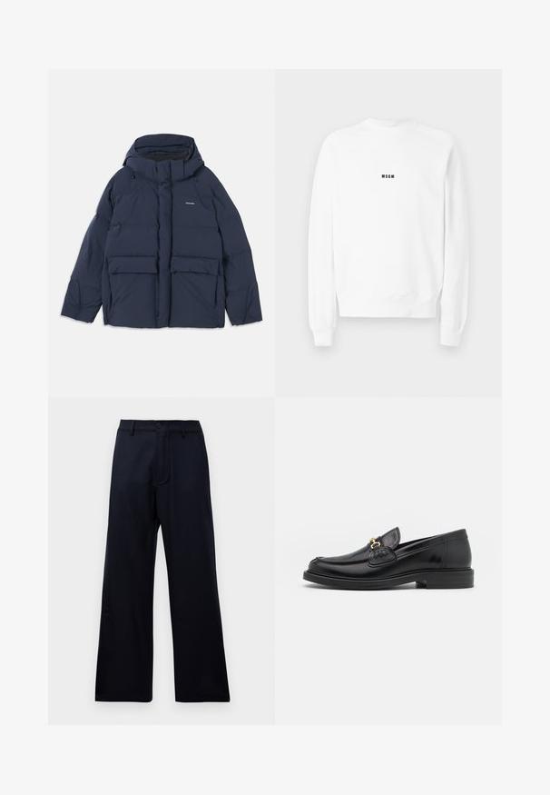 Marineblaue Steppjacke mit Kapuze, ausgestattet mit zwei großen frontalen Taschen und einem Reißverschluss. Das Material scheint glatt und isoliert zu sein.; Weißes Sweatshirt mit langen Ärmeln, Rundhalsausschnitt und kleinem schwarzen "MSGM"-Logo in der Mitte der Brust.; Schwarze hoch taillierte weite Hose mit Gürtelschlaufen, vorderem Knopf und Reißverschluss vor einem schlichten weißen Hintergrund.; Schwarze Lederleter mit einer abgerundeten Zehenpartie, ausgestattet mit goldenen Hardwareakzenten und Stichdetails, auf einer niedrigen, strukturierten Gummisohle.