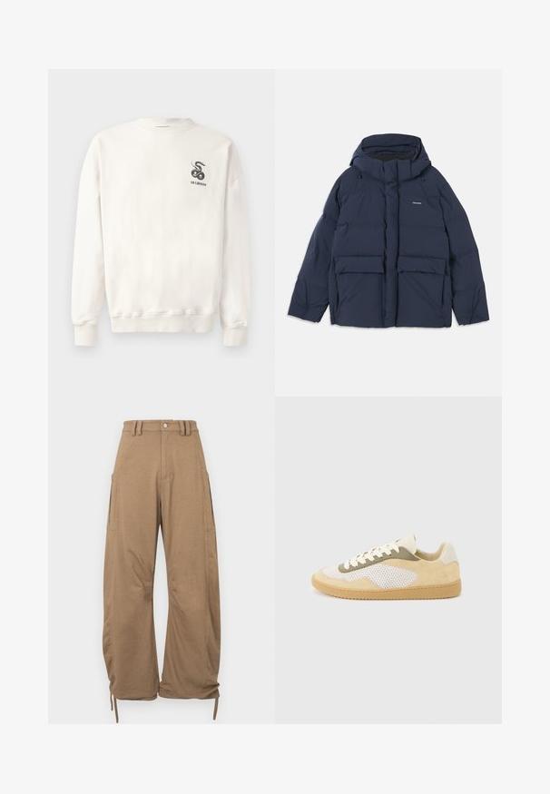 Navy blauwe gewatteerde jas met capuchon, voorzien van twee grote voorzakken en een ritssluiting. Het materiaal lijkt glad en geïsoleerd.; Witte katoenen sweatshirt met ronde hals, ribgebreide mouwen en onderrand, met een zwarte slangafbeelding en de tekst "HAN KJØBENHAVN" op de borst.; Kloofbroek in lichtbruin stof, voorzien van twee zijzakken, een ontspannen pasvorm, aantrekkoorden bij de zoom en een knoopsluiting in de taille.; Lage sneaker van beige suède, witte mesh panelen, olijfkleurige accenten, witte veters en een zool van kauwgomrubber op een lichtgrijze achtergrond.