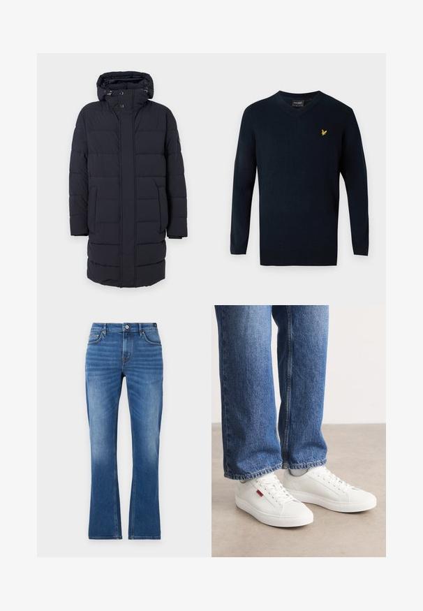 Navyblauer Daunenmantel mit Kapuze, horizontal gestepptem Design, zwei Seitentaschen und Knopfverschlüssen. Hergestellt aus strukturiertem, isoliertem Material.; Navy V-Ausschnitt-Pullover aus weichem Material, mit langen Ärmeln und einem kleinen gelben gestickten Logo auf der linken Brustseite.; Denim-Jeans mit ausgestelltem Bein in Mittelblau. Mit einem Fünf-Taschen-Design, gestickten Akzenten, einem Knopfverschluss und leicht ausgewaschenem Stoff an den Beinen.; Weiße Sneakers mit glatter Oberfläche, runder Spitze und flacher Sohle. Ergänzt durch blaue Jeans im geraden Schnitt mit sichtbaren Nähten.