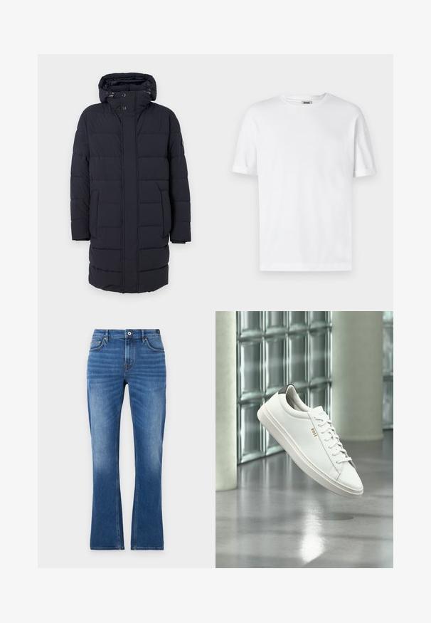 Marineblå puffjakke med hætte, vandret quiltet design, to sidelommer og knaplukninger. Fremstillet af tekstureret, isoleret materiale.; Hvid bomulds T-shirt med rund hals, korte ærmer og oprevet manchetter; enkel design, blød tekstur og lige snit.; Mellemblå denim flared jeans. Har fem lommer, syede detaljer, knaplukning og en let falmet tekstur på benene.; Hvid læder lav-top sneaker med snørebånd, sort hælflig og "BOSS"-logo, svævende indendørs nær glasblok væg og poleret gulv.
