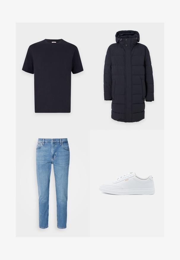 Marineblauwe gewatteerde jas met een capuchon, horizontaal gestikte ontwerp, twee zijzakken en knoopsluitingen. Gemaakt van textuur, geïsoleerd materiaal.; Navy blauwe katoenen T-shirt met een ronde hals, korte mouwen en een relaxte pasvorm; gladde textuur; geen zichtbare patronen of hardware.; Lichtblauwe denim jeans met een rechte pasvorm, vijf zakken en subtiele vervaging. Voorzien van een knoopsluiting en riemlussen.; Witte leren sneakers met een gladde textuur, ronde neus en tonale stiksels. Voorzien van blauwe veters en een gouden logo op de zijkant.