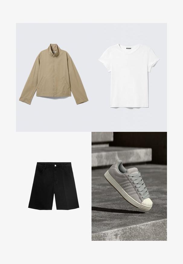 Beige jakke med lynlås, opretstående krave, lange ærmer og to sidelommer, lagt fladt på en lys baggrund.; Enkelt hvid T-shirt med korte ærmer og V-hals, med et lille "WEEKDAY" mærke indeni kraven, vist mod en lysegrå baggrund.; Sorte denim shorts med lige snit, fem lommer og sølvfarvet knaplukning. Glat tekstur med minimal syning.; Grå lædersneaker med flade snørebånd, gummiskal foran og diskret tre-stribet design. Har en lys grå foring og gummisål.