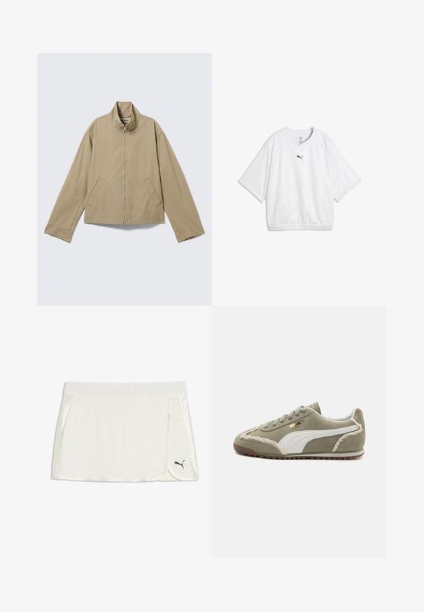 Beige jas met rits en opstaande kraag, lange mouwen en twee zijzakken, plat neergelegd op een lichte achtergrond.; Wit sportshirt met korte mouwen, ronde hals en zwart Puma-logo gecentreerd onder de halslijn.; Witte sportieve overslagrok met subtiel patroon, zwart Puma-logo rechtsonder op de zoom, brede tailleband en gebogen voorkant.; Groene suède sneakers met witte leren accenten, geprofileerde stiksels, vetersluiting aan de voorkant en rubberen zool. Bevat unieke ontwerpelementen langs de zijkanten.