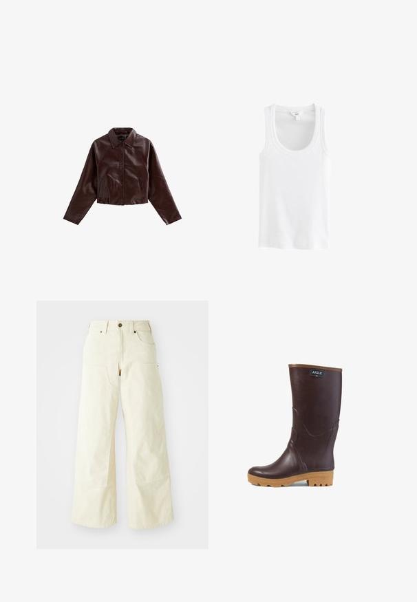 Brun læderjakke, cropped, med knaplukning, spidse krave og lange ærmer. Har to forlommer og en glat overflade.; Hvid tanktop lavet af ribbet bomuldsstof, med en bådformet halsudskæring og brede stropper, uden synlige mønstre eller detaljer.; Beige brede bukser i bomuld med høj talje, store forlommer og en glat overflade med minimal syning.; Mørkebrun gummistøvle til midt på skinnebenet med lysebrun sål, tekstureret slidbane og "AIGLE" logo-patch nær toppen.