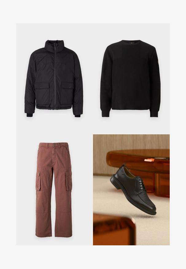 Sort pufferjakke med en ståkrave, frontlynlås og to foran flaplommer. Har tekstureret stof og elastiske manchetter.; Sort strikket sweater med ribbet tekstur, rund hals og lange ærmer. Har en subtil paneldesign og et lille logo på ærmet.; Cargo bukser i en rustfarve, lavet af slidstærkt stof. Har store sidelommer, lige ben og knaplukning i taljen.; Sort lædersko med snørebånd og tekstureret front, svævende over beige tæppe i et moderne rum med møbler i ravfarvet toning.