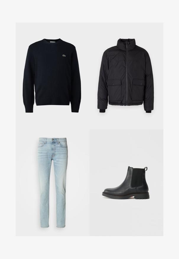 Must musta jakk, millel on seisva kaelusega, ees lukk ja kaks esimist taskut klappidega. Omab tekstuuri ja elastseid mansette.; Tumed crew-neck kampsun, mis on valmistatud pehmest materjalist, ribaga varrukate ja alläärge. Rindkere peal väike roheline Lacoste logo.; Heledad sinised teksad, mis on valmistatud denimist, sirge jala disainiga, keskmise kõrgusega vöökoht ja kerge pleekimine. Sisaldab viit taskut ja metallnuppu.; Must alletse Chelsea saapad elastsete külg panelidega, ümmargune nina, tekstuuriga kummitald ja tagumine tõmberiba hõlpsaks jalga panemiseks.