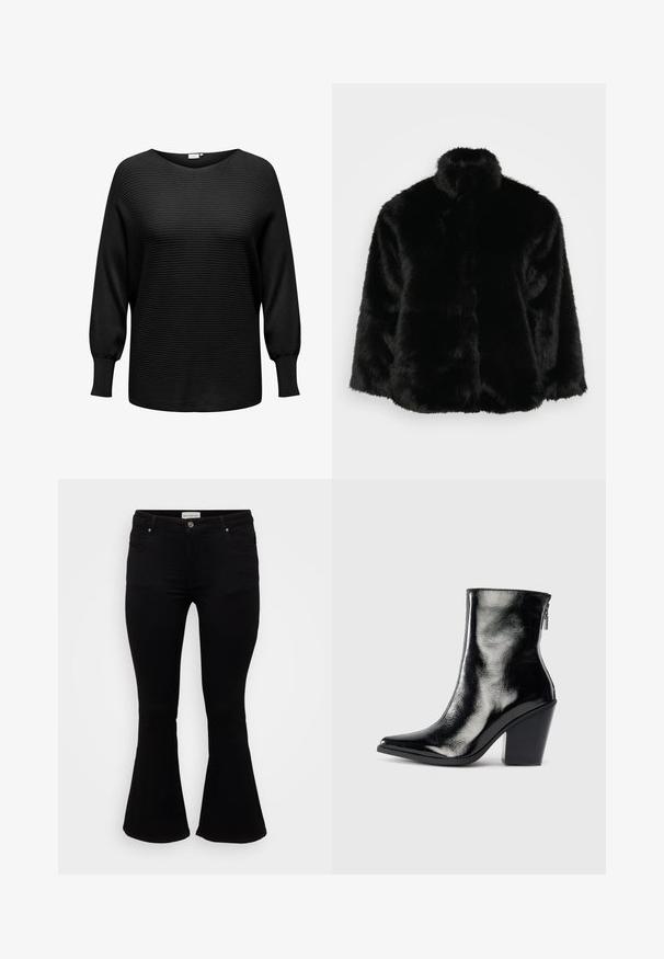 Veste en fausse fourrure noire avec un col haut, présentant une texture pelucheuse et une forme carrée. Le design ne comporte aucun accessoire ni fermeture visible.; Pull noir en tricot à texture côtelée, décolleté large et manches longues légèrement bouffantes. Fabriqué en tissu doux et extensible.; Jeans évasés noirs en denim doux, avec une taille cintrée, des poches avant et un ourlet évasé pour un ajustement décontracté.; Bottines en cuir noir avec une finition brillante, bout pointu et talon trapèze. Dotées d'une fermeture éclair latérale pour un enfilage facile.