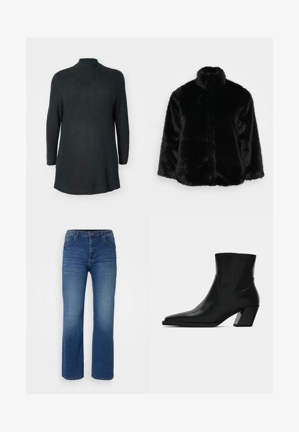 Veste en fausse fourrure noire avec un col haut, présentant une texture pelucheuse et une forme carrée. Le design ne comporte aucun accessoire ni fermeture visible.; Tunique en maille côtelée verte foncée, à manches longues, avec un col montant et une coupe décontractée. Présente un ourlet droit et des fentes sur les côtés en bas.; Jean en denim bleu foncé avec une coupe droite, style cinq poches, et une fermeture à bouton et à glissière. Texture lisse avec un léger décoloration.; Bottine en cuir noir avec un bout pointu, une silhouette élégante et un talon carré massif. Texture lisse avec des détails de couture minimalistes.