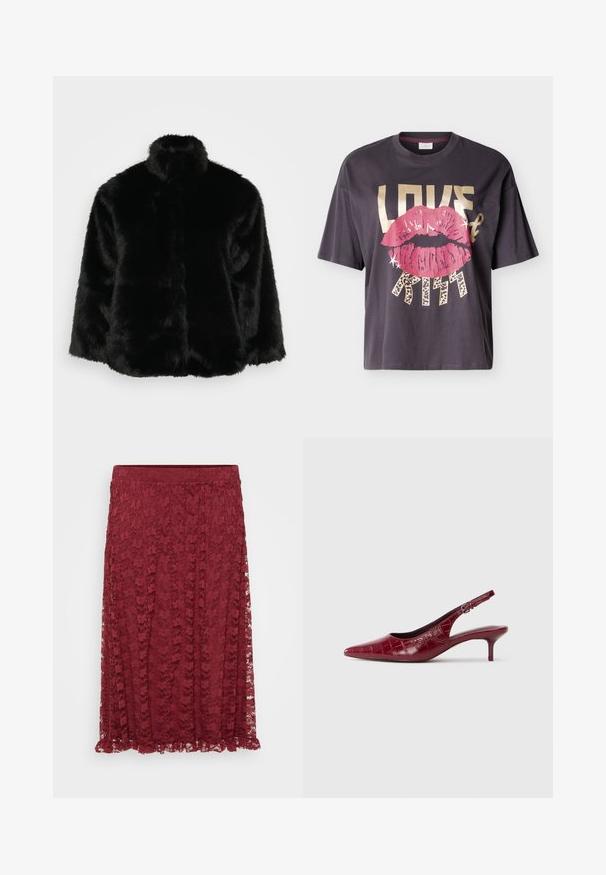 Zwarte nepbont jas met een hoge kraag, voorzien van een pluche textuur en een boxy vorm. Het ontwerp heeft geen zichtbare hardware of sluitingen.; Donkergrijs T-shirt met afbeelding van grote roze lippen en vetgedrukte tekst met de woorden "LOVE & KISS" in beige en luipaardprint letters.; Bordeaux kanten rok met bloemmotief, semi-doorzichtig stof en een gerimpelde zoom. Een stretch tailleband biedt comfort en flexibiliteit.; Bordeaux lederen slingback pump met krokodillenstructuur, puntige neus, verstelbare gesp en lage kittenhak op een witte achtergrond.