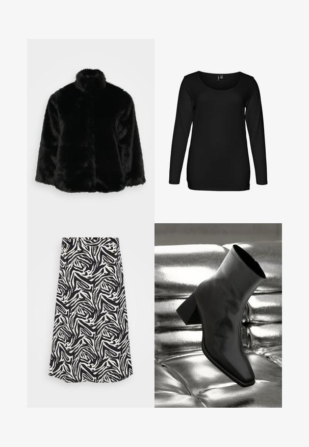 Schwarze Kunstpelzjacke mit hohem Kragen, die eine plüschige Textur und eine kastige Form aufweist. Das Design hat keine sichtbaren Beschläge oder Verschlüsse.; Schwarzes langärmliges T-Shirt aus einem glatten, leichten Stoff. Verfügt über einen rundhals Ausschnitt und eine taillierte Silhouette.; Schwarzer und weißer Rock mit einem wirbelnden Zebra-Muster, mit geradem Schnitt und Saum. Hergestellt aus einem glatten, leichten Stoff.; Schwarzer Knöchelstiefel aus glänzendem Material mit quadratischer Zehenform und verjüngtem Absatz, vor einem glänzenden silbernen gepolsterten Hintergrund.