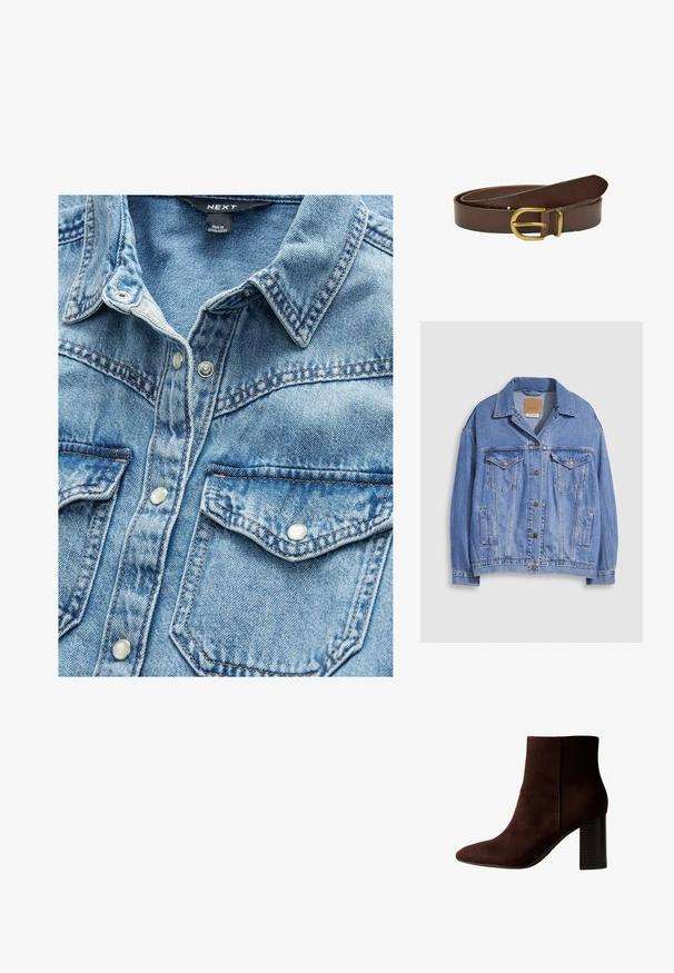 Lichtblauwe spijkerjack met overhemdkraag, knoopsluiting, twee borstzakken en zijzakken. Versleten textuur en zichtbaar merklabel.; Lichtblauwe denim overhemd met twee voorzakken, drukknoopsluitingen en een puntige kraag. Gestructureerde stof met zichtbare stikseldetails.; Bruine suède enkellaars met een spitse neus en een geribde blokhak. Strak ontwerp, gladde textuur en een getailleerd silhouet.; Donkerbruine leren riem opgerold met een gouden metalen gesp en bijpassende metalen lus op een witte achtergrond.