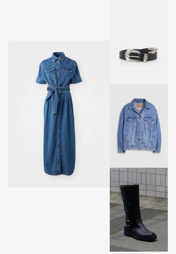 Veste en denim bleu clair avec col chemise, fermeture à boutons, deux poches poitrine et poches latérales. Texture usée et étiquette de marque visible.; Robe chemise en denim bleu, avec des manches courtes, deux poches poitrine, une taille ceinturée et une fermeture intégrale à boutons.; Botte en cuir noire mi-mollet avec un talon bas et une bride décorative avec boucle en métal, posée sur une surface pavée grise près d'un mur carrelé.; Ceinture en cuir noir avec une grande boucle en métal argenté dotée de détails complexes et d'accents décoratifs à chaque extrémité.