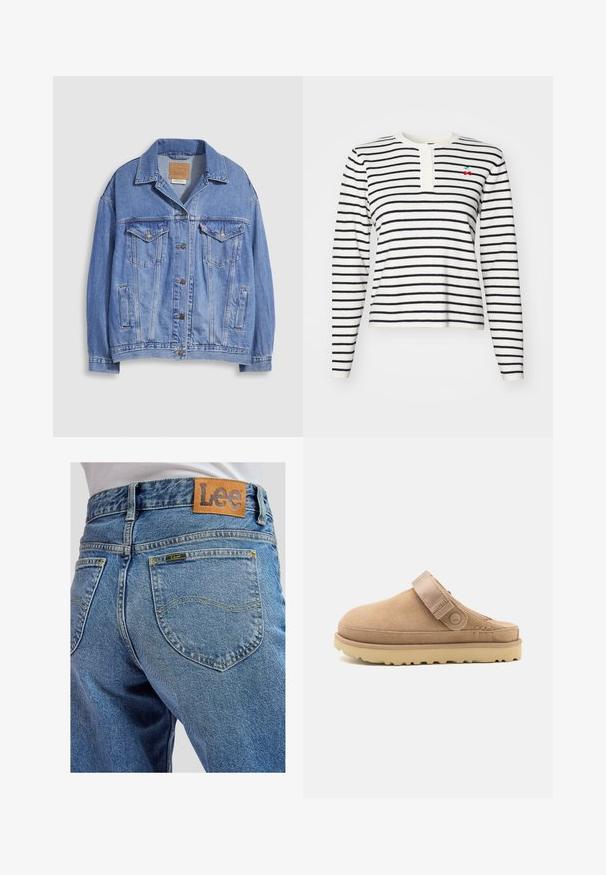 Chaqueta vaquera azul claro con cuello tipo camisa, cierre de botones, dos bolsillos en el pecho y bolsillos laterales. Textura desgastada y etiqueta de marca visible.; Camiseta de manga larga a rayas en blanco y azul marino, con un cuello henley con botones y un pequeño detalle de cereza bordado en el pecho.; Jeans de mezclilla azul con bolsillos traseros que presentan costuras amarillas y un parche de cuero marrón de la marca Lee en la cinturilla.; Zueco de ante en beige con parte superior texturizada, correa ajustable y una suela de goma robusta con un patrón de tacos para un mejor agarre.