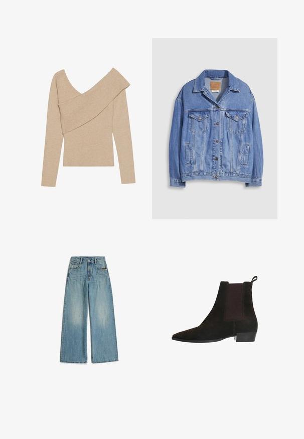 Lichtblauwe spijkerjack met overhemdkraag, knoopsluiting, twee borstzakken en zijzakken. Versleten textuur en zichtbaar merklabel.; Even&Odd by Zalando Trui - mottled beige; Lichtblauwe jeans met wijde pijpen, vijf zakken en een knoopsluiting, plat liggend op een witte achtergrond.; Bruine suède enkelband met een spitse neus, elastische zijkanten en een lage blokhak. Heeft contrasterende stiksels en een trekhaak.