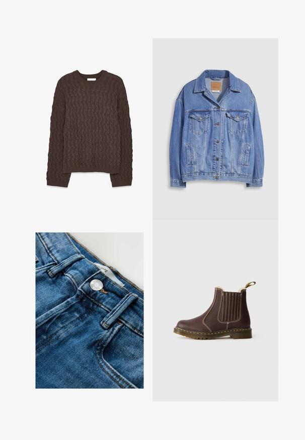 Lyseblå denimjakke med skjortekrave, knaplukning, to brystlommer og sidelommer. Slidt tekstur og synligt mærke.; Brun strikket sweater med et struktureret mønster, der har en rund halsudskæring og lange ærmer. Stoffet har en blød, kraftig fornemmelse.; Lyseblå denimjeans med lynlås og lukning med metal knap. Har kontrastsyninger og et klassisk design med fem lommer.; Brune læder Chelsea støvle med gule sømme, elastiske sidestykker, pelsfor og gennemsigtig gummisål på hvid baggrund.