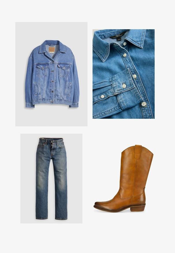 Lyseblå denimjakke med skjortekrave, knaplukning, to brystlommer og sidelommer. Slidt tekstur og synligt mærke.; Blå denimskjorte med spids krave, knapper foran og knapdetaljer ved manchetterne. Har synlige syninger og en glat tekstur.; Blå denimjeans med lige ben, der har synlige sømme, en lynlås, og fem lommer. Udsatte områder tilføjer tekstur.; Brune læder cowboystøvle med en glat overflade, bøjet top, dekorativ broderi på tåen og en lav stablet hæl. Brun accentlogo på siden.