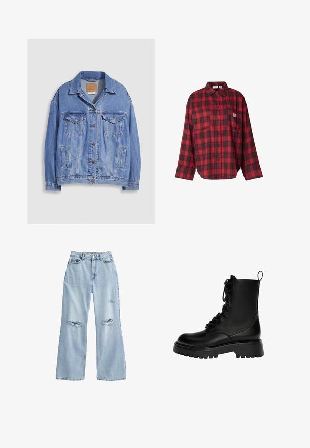 Lyseblå denimjakke med skjortekrave, knaplukning, to brystlommer og sidelommer. Slidt tekstur og synligt mærke.; Rød og sort ternet flannelsskjorte med lange ærmer, knaplukning foran, to brystlommer, blød tekstur, afslappet pasform, rektangulært design.; Lyseblå, vide jeans i denim med slidte revner på lårene, høj talje og standard fem-lomme design.; Sorte snørebånd ankelstøvler lavet af syntetisk læder, med en kraftig sål, trækstrop og fremtrædende syninger.