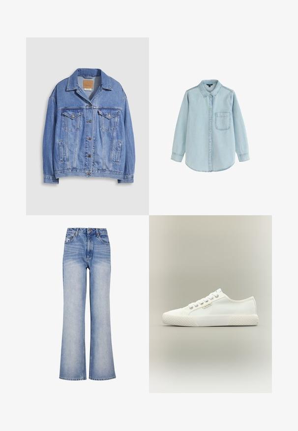 Lyseblå denimjakke med skjortekrave, knaplukning, to brystlommer og sidelommer. Slidt tekstur og synligt mærke.; Lyseblå denim skjorte med lange ærmer og knapper foran, med en enkelt brystlomme og krave med fold, lagt fladt på en hvid baggrund.; Lys blå denim bred-benede jeans har høj talje, knaplukning, diskret slidmærker og et klassisk fem-lomme design.; Hvid lavtopet lærreds-sneaker med tekstureret gummisål, hvide snørebånd og lille Calvin Klein-mærke på siden.