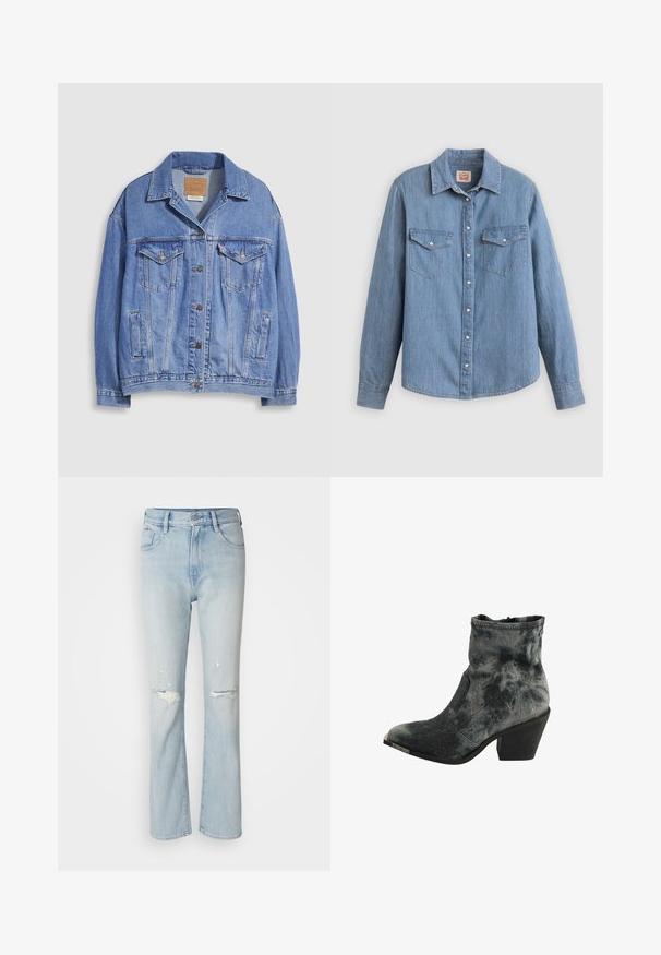 Lyseblå denimjakke med skjortekrave, knaplukning, to brystlommer og sidelommer. Slidt tekstur og synligt mærke.; Lyseblå denimskjorte med lange ærmer, knapper foran, to brystlommer og klassisk krave. Glat tekstur og afslappet pasform.; Lyseblå jeans i denim med høj talje, udvidet ben, slidte detaljer og udskåret stof ved knæene. Fem-lomme design.; Sort og grå tekstureret ankelstøvle med spids tå, lav stablet hæl og lynlås lukning bagpå.