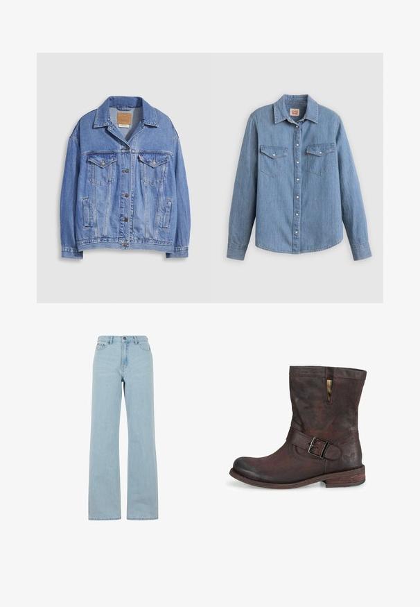 Hellblaue Jeansjacke mit Hemdkragen, Knopfleiste, zwei Brusttaschen und Seitentaschen. Verwaschene Textur und sichtbares Markenetikett.; Hellblaues Jeanshemd mit langen Ärmeln, Knopfleiste vorne, zwei Brusttaschen und klassischem Kragen. Glatte Textur und lockere Passform.; Helle blaue Schlagjeans aus Denim, mit hoher Taille, Fronttaschen und einer dezenten Waschstruktur. Standardknopf- und Reißverschluss.; Braune Lederknöchelstiefel mit abgerundetem Zeh, Schnallen-Detail und strukturierter Oberfläche. Verfügt über eine gestickte Akzentuierung und einen niedrigen Blockabsatz.