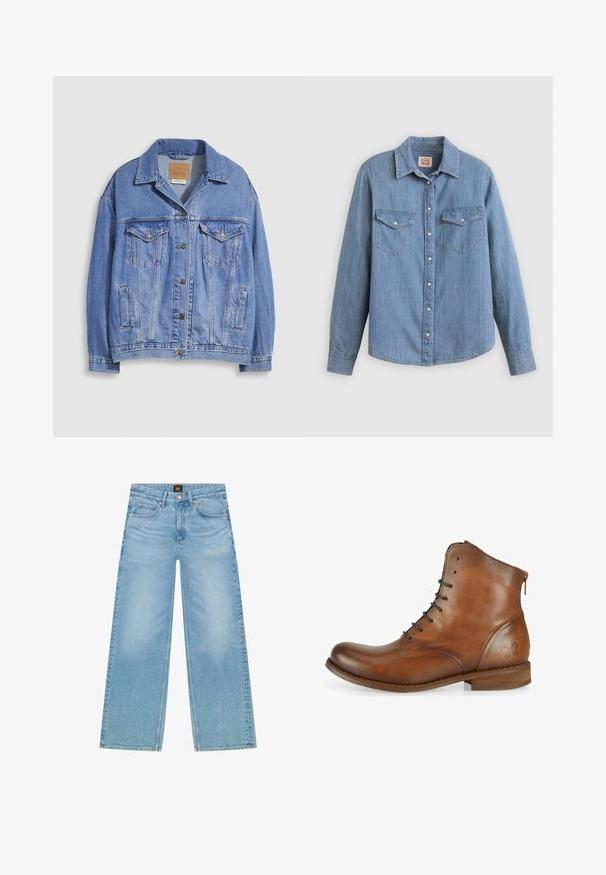 Hellblaue Jeansjacke mit Hemdkragen, Knopfleiste, zwei Brusttaschen und Seitentaschen. Verwaschene Textur und sichtbares Markenetikett.; Hellblaues Jeanshemd mit langen Ärmeln, Knopfleiste vorne, zwei Brusttaschen und klassischem Kragen. Glatte Textur und lockere Passform.; Helles Blau, weite Jeans aus Denim. Verfügt über ein klassisches Fünf-Taschen-Design und eine subtile verblasste Textur. Knopf- und Reißverschluss.; Braune Leder-Ankle-Boots mit glatter Textur, runder Zehenpartie, Schnürverschluss vorne und einem kleinen Reißverschlussdetail auf der Rückseite. Schmetterlingslogo an der Seite.