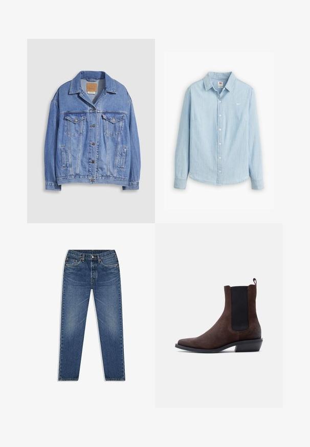 Lichtblauwe spijkerjack met overhemdkraag, knoopsluiting, twee borstzakken en zijzakken. Versleten textuur en zichtbaar merklabel.; Lichtblauwe overhemdbloes gemaakt van zacht denimstof. Heeft een klassieke kraag en lange mouwen, met een klein logo op de borst.; Blauwe denim jeans met een recht uitlopende pijp, voorzien van een knoop- en ritssluiting, vijf zakken en subtiele vervaging in de was.; Bruine suède Chelsea-laars met zwart elastisch zijpaneel, trekkoord aan de achterkant, lage hak en puntige teen op witte achtergrond.