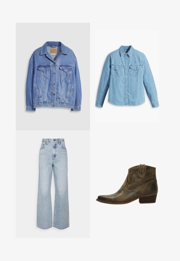 Lyseblå denimjakke med skjortekrave, knaplukning, to brystlommer og sidelommer. Slidt tekstur og synligt mærke.; Lyseblå denimskjorte med lange ærmer, spidse krave, to brystlommer, knaplukning og subtil tekstur. Ingen synlige mønstre.; Lysblå denim brede ben jeans med høj talje, klassisk fem-lomme design og kontrasterende syninger. Uslebne kanter i bunden.; Brun læder ankelstøvle med spids tå, dekorativ syning og en lav hæl. Har en subtil, tekstureret overflade og en trækflap.