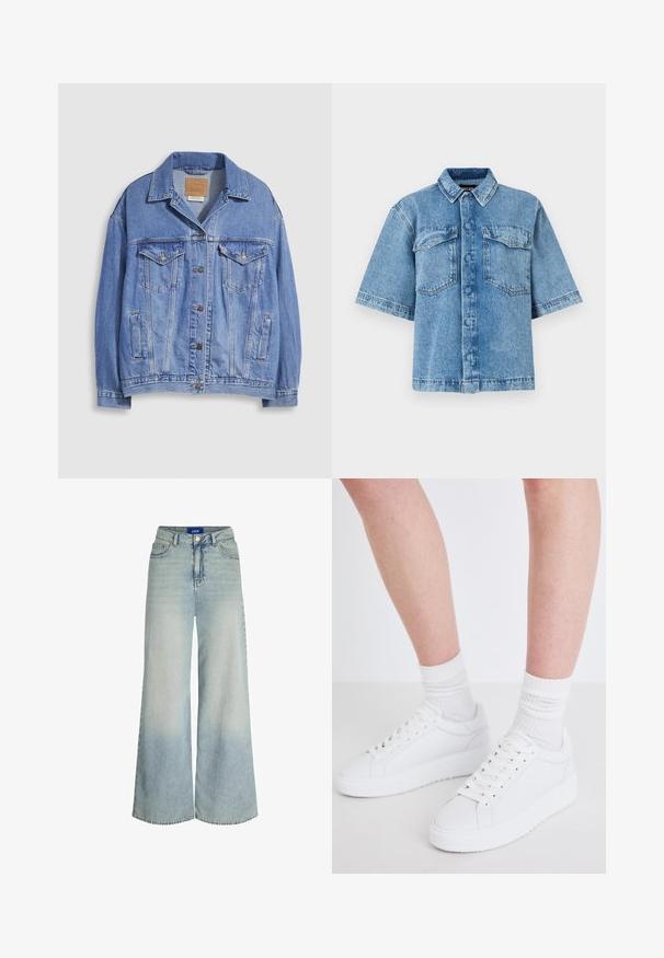 Chaqueta vaquera azul claro con cuello tipo camisa, cierre de botones, dos bolsillos en el pecho y bolsillos laterales. Textura desgastada y etiqueta de marca visible.; Camisa de denim de manga corta en azul claro, con cuello extendido, dos bolsillos en el pecho y cierre frontal con botones, de corte relajado y costuras visibles.; Jeans de pierna ancha hechos de denim azul claro, con una cintura alta, diseño de cinco bolsillos y un ligero desvanecimiento en la textura de la tela.; Copenhagen Studios CPH72 - Zapatillas - white